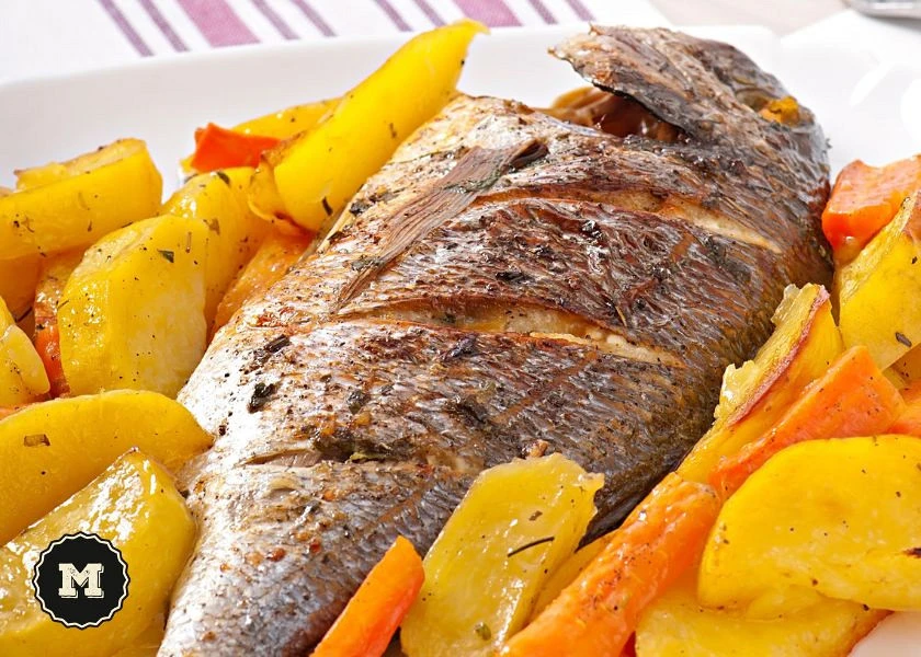 Baked fish with roasted potatoes