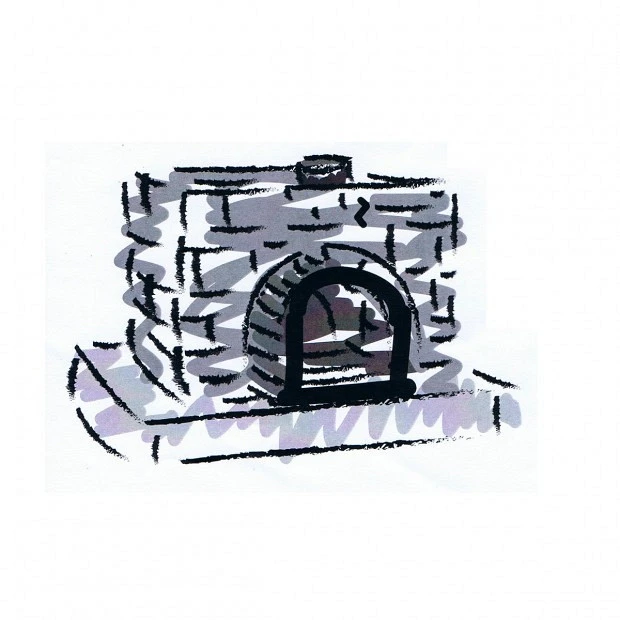 Build a brick enclosure <strong>around the oven</strong>, fill with sand and cover.